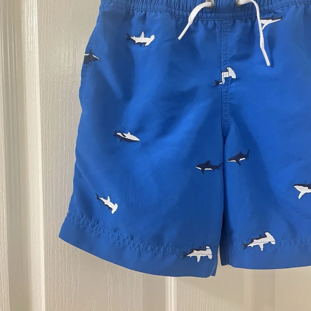 Hanna Andersson Blue Embroidered Sharks Swim Trunks Shorts Boys Size 120 US 6-7